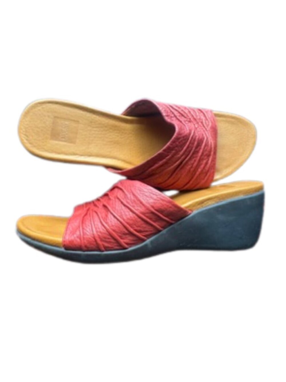 Cougar Burnt Red Leather Wedge Slide Sandals, size 9, Summer Slides Cottagecore